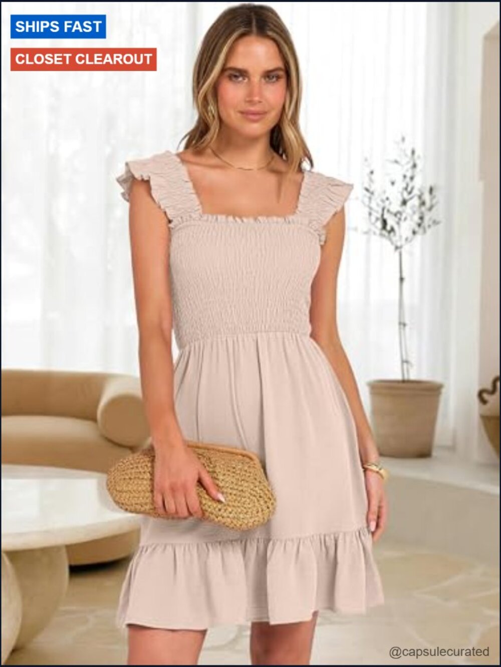 Sleeveless Square Neck Sun Dress Smocked Ruffle Backless Boho Short Dress - Picture 2 of 7